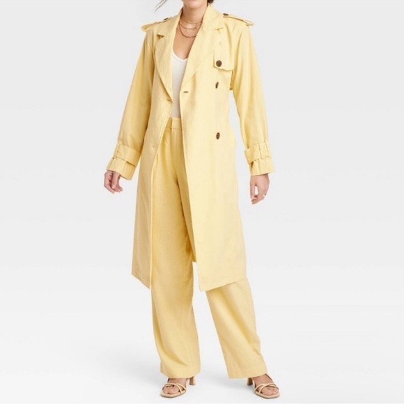 A New Day Women's Button Up Linen Trench Coat Jacket Yellow Linen/Rayon Pockets - Picture 14 of 14